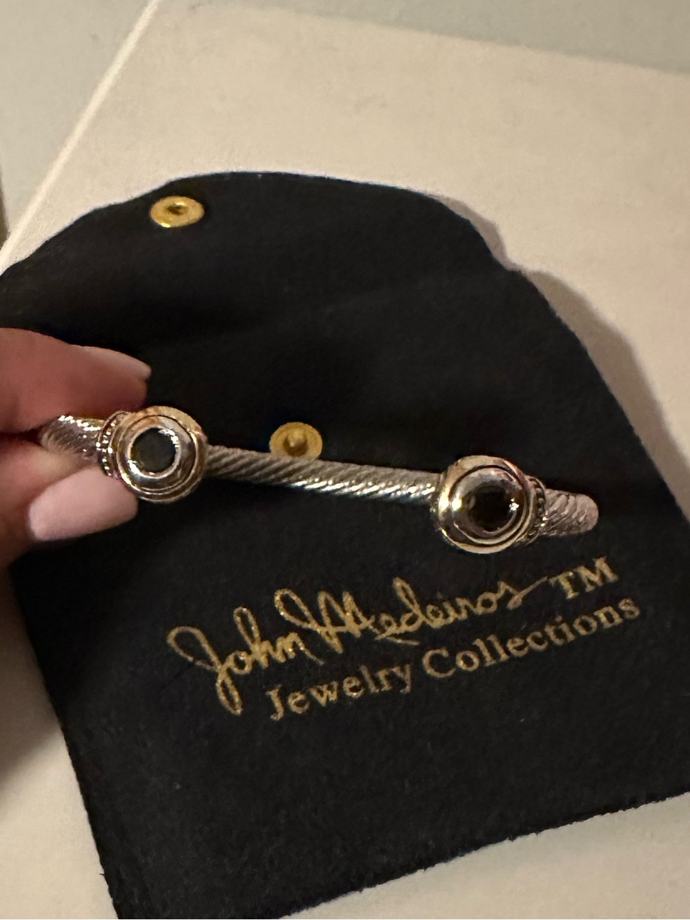 John Medeiros Silver-Tone Cable Bracelet with Black Stone Accents